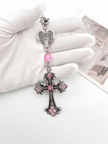 1pc Rhinestone Heart Wings Car Rearview Mirror Hanging Ornament, Jesus Cross Car Interior Accessory, Essential Car Decoration, Pink Car Accessory, Home Bedroom Room Decor, Women's Accessory, Bag Charm, Religious Gift - A - View 5