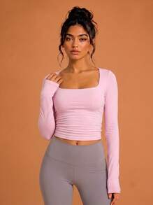Never me Women's Sports T-Shirt, Square Neck Long Sleeve Top, Ruched Waist, Cropped Fit, High Elasticity Yoga Fitness Base Layer - Pink - View 8