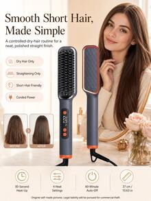 Hair Straightener Brush, Heated Comb For Straightening Hair And Smoothing Frizz, Straightening-Brush Function For Everyday Use, 4 Heat Settings From 320 To 428°F For Adjustable Styling, 30-Second Heat-Up To The Lowest Setting, Gray Color - Dark Grey - View 12