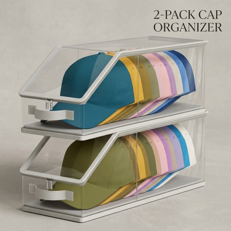 2pcs Transparent Stackable Baseball Cap Storage Boxes, Large Dust-Proof Wardrobe Display Storage Case, Can Hold 24 Caps, Unisex - Multicolor - View 1