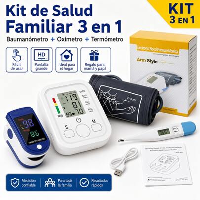 Kit de Salud 3 en 1 para Hogar | Tensiómetro Digital + Oxímetro de Pulso + Termómetro, Medición Precisa con un Solo Botón