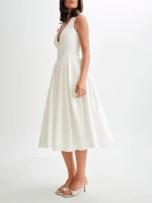 Vuslat Women's Summer Long Minimalist Gentle Vintage Front Button Pleated Maxi Dress, South French Garden Vacation Pure Desire Style Cinched Waist V-Neck White Dress, Suitable For Elegant Party, Office Commute, Garden, Party Gathering, Graduation Ceremony, Wedding Guest Outfit, Holiday, Evening Banquet, Independence Day, Birthday Party, Back To School Season - White - View 8