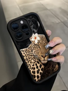 1 قطعة غطاء هاتف TPU أسود بتصميم زهرة ونمر مستلقي على الجانب بأسلوب بسيط وشخصي مقاوم للصدمات بتغطية كاملة متوافق مع Apple 17 16 15 14 13 12 11 Pro Max Air والسلسلة - متعدد الألوان - مشاهدة 2