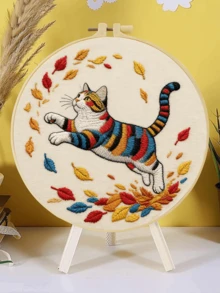 Embroidery Set. 15x15cm/5.9in Or 20x20cm/7.9in. Animal Themes: Hedgehog, Cat, Deer & Cow. Includes 2 Needles, Threads, Pre-Printed Fabric, Hoop & Manual. For Beginners. Perfect Gift. Easy DIY Art For Home/Office Wall Decor. - Animal - View 5