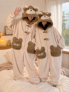 1pc Pink Bear Hooded Bathrobe, Cute Cartoon Coral Fleece Robe With Long Sleeves And Pockets, Thickened Warm Soft Loungewear For Unisex Adults, Animal Costume Cosplay Outfit, Suitable For Home Relaxation, Halloween, Christmas, Carnival - Multicolor - View 6
