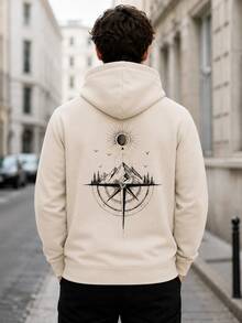 Sweatshirt Pria Warna Krem Motif Kompas Gunung Matahari Bulan, Sweatshirt Lengan Panjang dengan Saku Tali Serut untuk Aktivitas Luar Ruangan dan Mendaki Gunung, Kasual - Aprikot - View 3
