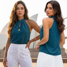 Elegant Women's High Neck Sleeveless Blouse With Pearl Button Detail - 水鴨藍 - 查看 5