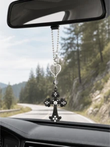 1pc Rhinestone Heart Wings Car Rearview Mirror Hanging Ornament, Jesus Cross Car Interior Accessory, Essential Car Decoration, Pink Car Accessory, Home Bedroom Room Decor, Women's Accessory, Bag Charm, Religious Gift - A - View 3