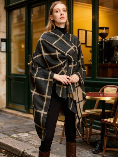1pc Women's Fashion Classic Plaid Pattern Oversized Open Front Cape Shawl, Autumn/Winter Street Outdoor Casual Vibe Double-Sided Shawl Coat