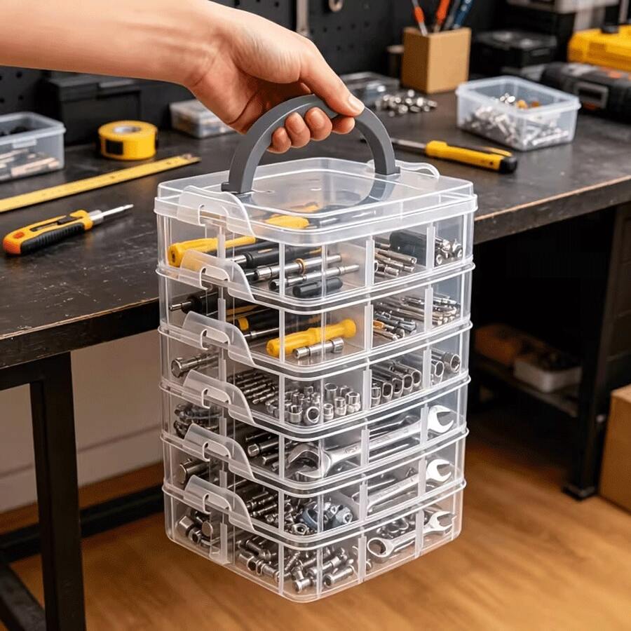 7 piezas (6 contenedores y 1 tapa) Cajas de almacenamiento transparentes con tapa y asa, diseño de cierre a presión, caja de almacenamiento de herramientas transparente, tornillos de ferretería del hogar, llaves inglesas, caja de almacenamiento y clasificación de accesorios de ferretería, caja organizadora de juguetes, caja organizadora portátil dividida - A - Ver 1