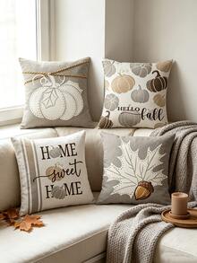 4PCS Digital Print Throw Pillows Neutral Pumpkin Maple Acorn Print Autumn Farmhouse Sofa Decor Cushions - Multicolor - View 7