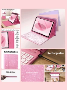 Teclado inalámbrico Bluetooth (150mAh) con funda desmontable y ranura para lápiz, compatible con Samsung Galaxy Tab, iPad, Redmi Pad SE (rosa brillante) - Rosa - Ver 3