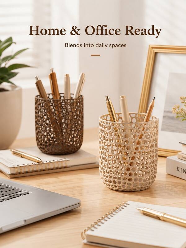 Modern Minimalist Hollow Pen Holder/Makeup Brush Storage Box, Fashionable Nordic Style Desktop Storage Solution, Breathable Hollow Design, High Quality Large Capacity, Suitable For Storing Cosmetics And Other Items