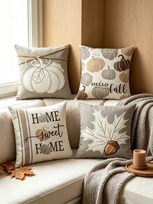 4PCS Digital Print Throw Pillows Neutral Pumpkin Maple Acorn Print Autumn Farmhouse Sofa Decor Cushions - Multicolor - View 2