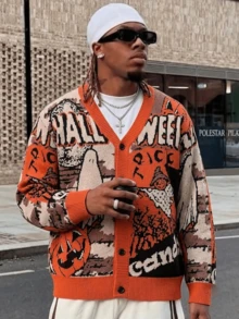 ANDREILEE Halloween Autumn Winter Men's New Casual Loose Minimalist Atmosphere Fun Cartoon Pattern English Letter Cute Style Button V-Neck Cardigan Knit Long Sleeve Jacket - Orange - View 2