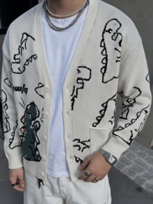 ANDREILEE 男士恐龙图案单肩包贴片开衫，适合秋冬季节，长袖上衣 - 白色 - 查看 2