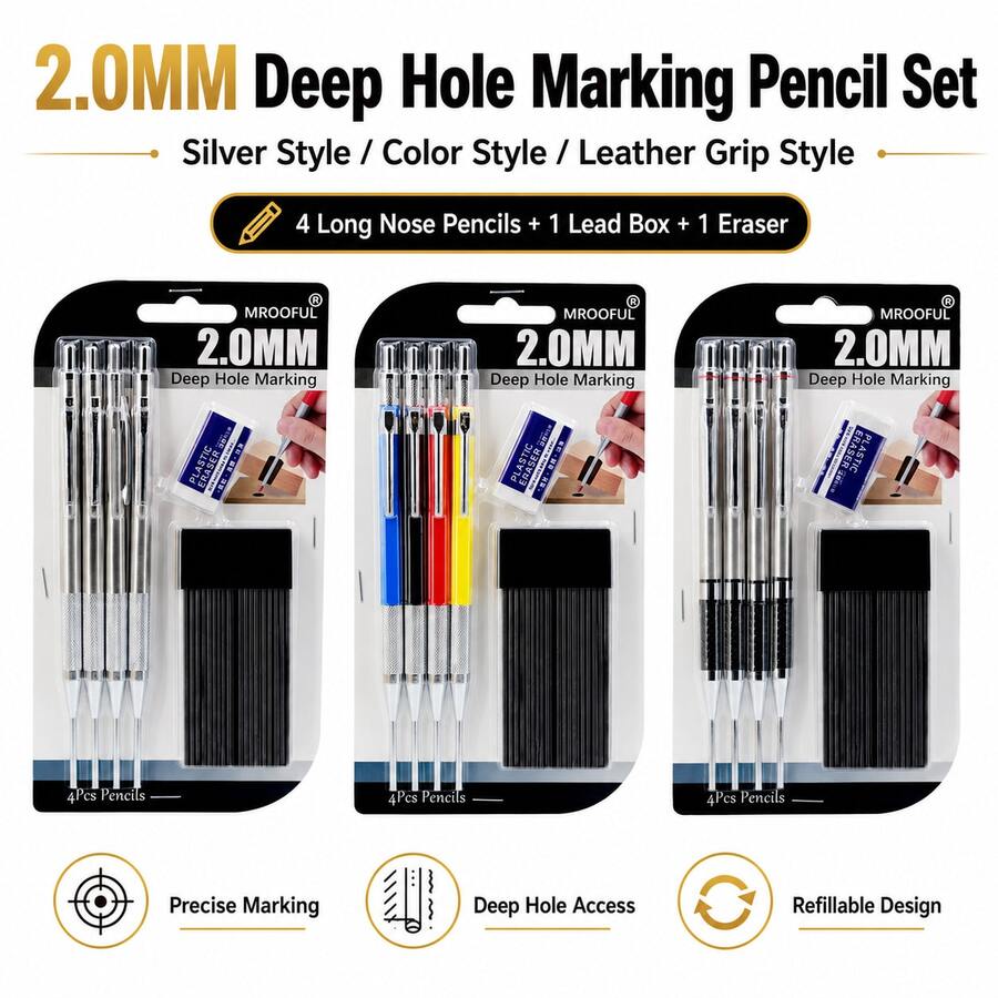 MROOFUL 2.0mm Long Nose Mechanical Pencil Set, 4 Deep Hole Marking Pencils ,Refillable Drafting Pencils For School, Office, Home, Woodworking And DIY, 3 Style Options