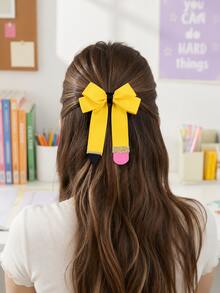 2pcs Solid Yellow Pencil Shape Bow, Glitter Pink Eraser Alligator Hair Clips For Back To School Daily Styling, Sweet Kids Hair Accessories - Yellow - View 2