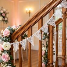 White Floral Lace Garland, Lace Triangle Bunting Banner, 1 Piece With 12 Flags, Bohemian Vintage White Floral Fabric Triangle Lace Flag Garland, Suitable For Wedding, Bridal Shower, Valentine's Day, Birthday Party, Garden Tea Party Decoration - View 4