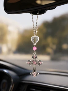 1pc Rhinestone Heart Wings Car Rearview Mirror Hanging Ornament, Jesus Cross Car Interior Accessory, Essential Car Decoration, Pink Car Accessory, Home Bedroom Room Decor, Women's Accessory, Bag Charm, Religious Gift - A - View 1