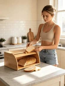 1pc Roll Top Bamboo Bread Box, Large Capacity Dustproof Bread Storage Container, Countertop Bread Keeper With Rolling Lid, Food Storage Bin For Loaves Muffins Pastries Kitchen Counter Organizer - Multiple Specifications - View 6