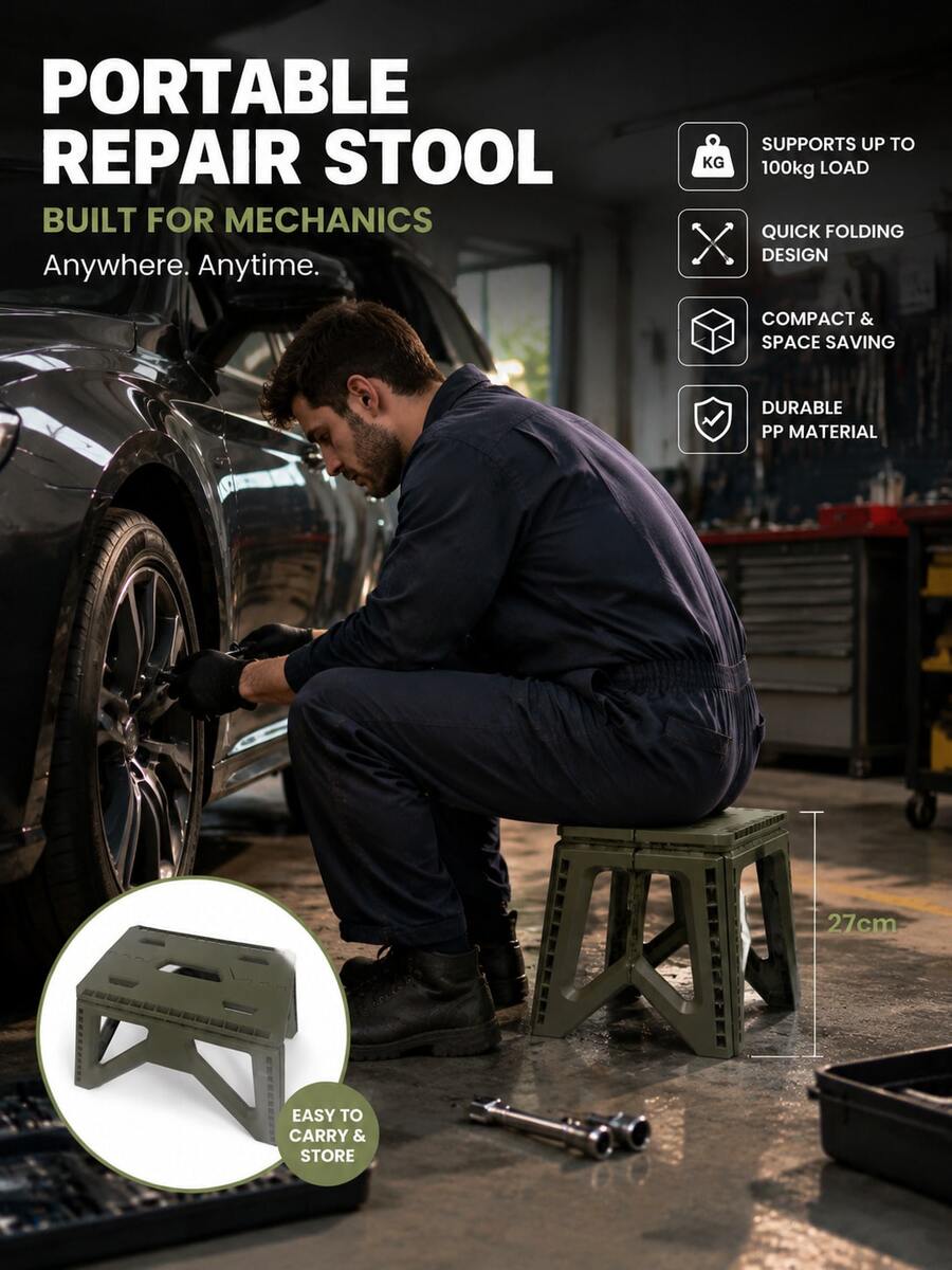 Folding Portable Mechanics Stool Heavy Duty PP Plastic Fold Step Stool With Carry Handle, 100kg Load Capacity Compact Space Saving Repair Bench For Auto Garage Car Maintenance Outdoor Camping Travel Home Use - Portable Folding Stool - View 1