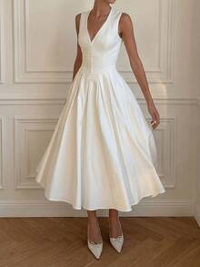 Vuslat Women's Summer Long Minimalist Gentle Vintage Front Button Pleated Maxi Dress, South French Garden Vacation Pure Desire Style Cinched Waist V-Neck White Dress, Suitable For Elegant Party, Office Commute, Garden, Party Gathering, Graduation Ceremony, Wedding Guest Outfit, Holiday, Evening Banquet, Independence Day, Birthday Party, Back To School Season - White - View 4
