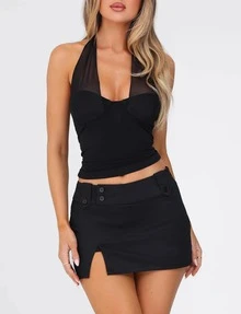 Sleeveless Halter Neck Crop Top For Women, Black Knitted Fabric With Tie Back Design, And Comfortable - Black - View 3
