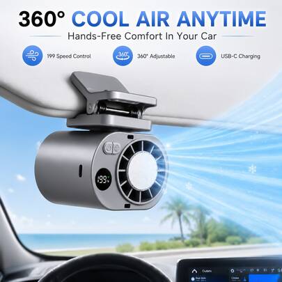 Car Clip-On Air Conditioning Fan With LED Display, 360° Rotation, 199 Fan Speed Settings, Cooling System, USB Rechargeable Personal Fan, Hands-Free Clip-On Fan, Suitable For Cars, Strollers, Camping, And Other Occasions.
