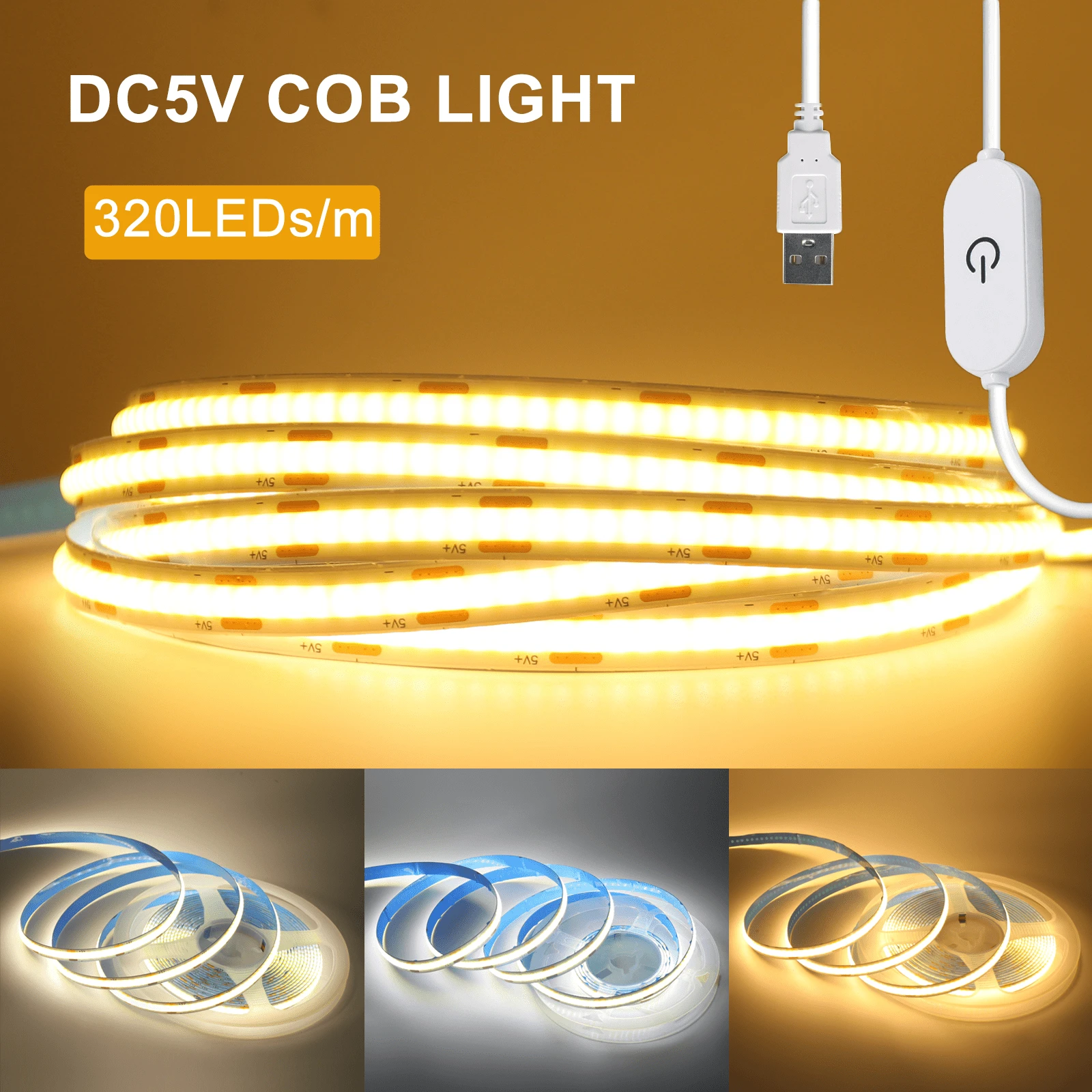 Acosh Neon 0.3 Meters-5m COB LED Strip Light, USB Powered, With Touch Switch Control, Warm White/Cool White Light, Easy To Install, Suitable For Bedroom, Wardrobe, Kitchen Cabinet Decoration, Bedroom LED Light
