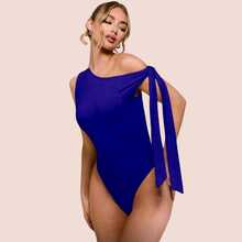 Women's Bodysuit With Tie Bow And Asymmetrical Neckline, Sleeveless, Ideal For Romantic Dates, Casual, Vacation And Summer - 寶藍色 - 查看 9