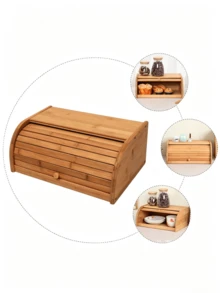 1pc Roll Top Bamboo Bread Box, Large Capacity Dustproof Bread Storage Container, Countertop Bread Keeper With Rolling Lid, Food Storage Bin For Loaves Muffins Pastries Kitchen Counter Organizer - Multiple Specifications - View 9