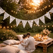 White Floral Lace Garland, Lace Triangle Bunting Banner, 1 Piece With 12 Flags, Bohemian Vintage White Floral Fabric Triangle Lace Flag Garland, Suitable For Wedding, Bridal Shower, Valentine's Day, Birthday Party, Garden Tea Party Decoration - View 5