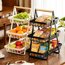 Multi-Layer Fruit Basket, 3-Tier Hollow Mesh Kitchen Storage, Living Room Coffee Table Handheld Snack & Vegetable Organizer, Handheld Fruit Basket, 2-Tier Storage Basket, Desktop Organizer Basket, Snack Storage Rack, Colander Fruit & Vegetable Basket - Black - View 1