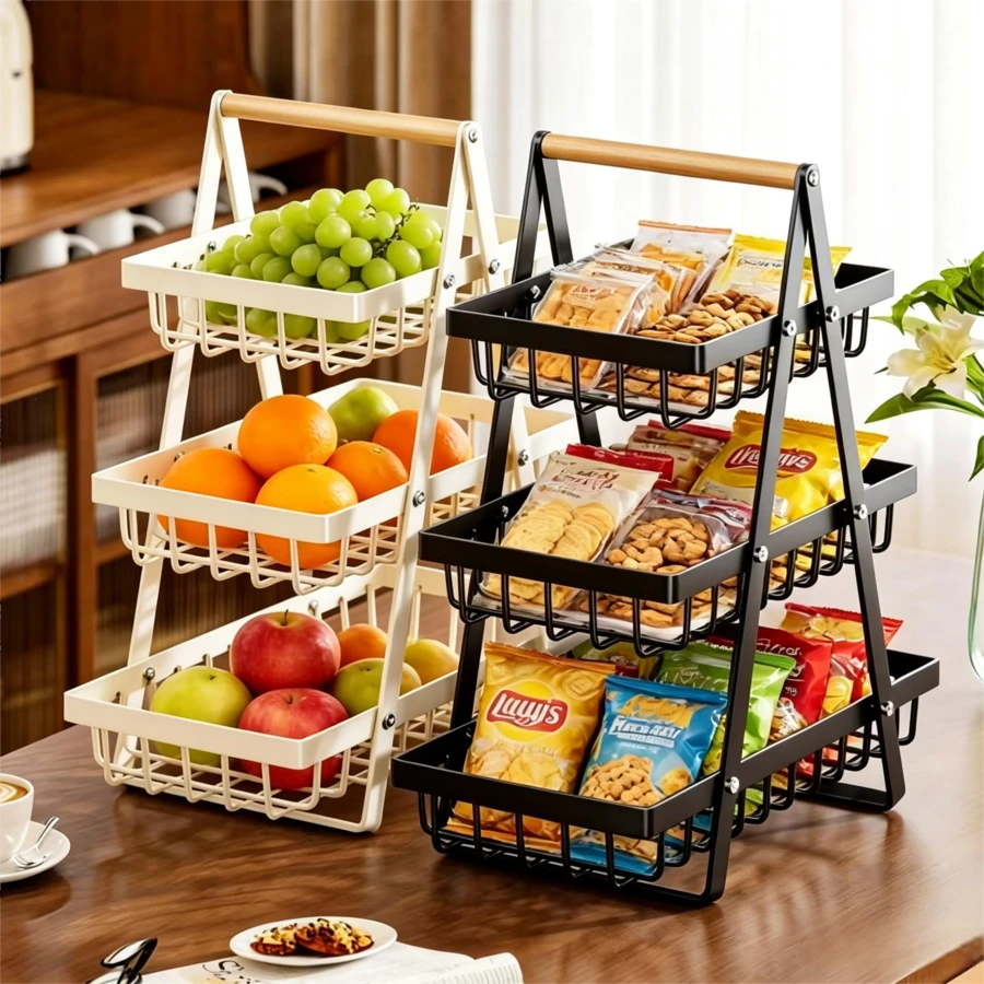 Multi-Layer Fruit Basket, 3-Tier Hollow Mesh Kitchen Storage, Living Room Coffee Table Handheld Snack & Vegetable Organizer, Handheld Fruit Basket, 2-Tier Storage Basket, Desktop Organizer Basket, Snack Storage Rack, Colander Fruit & Vegetable Basket - Black - View 1