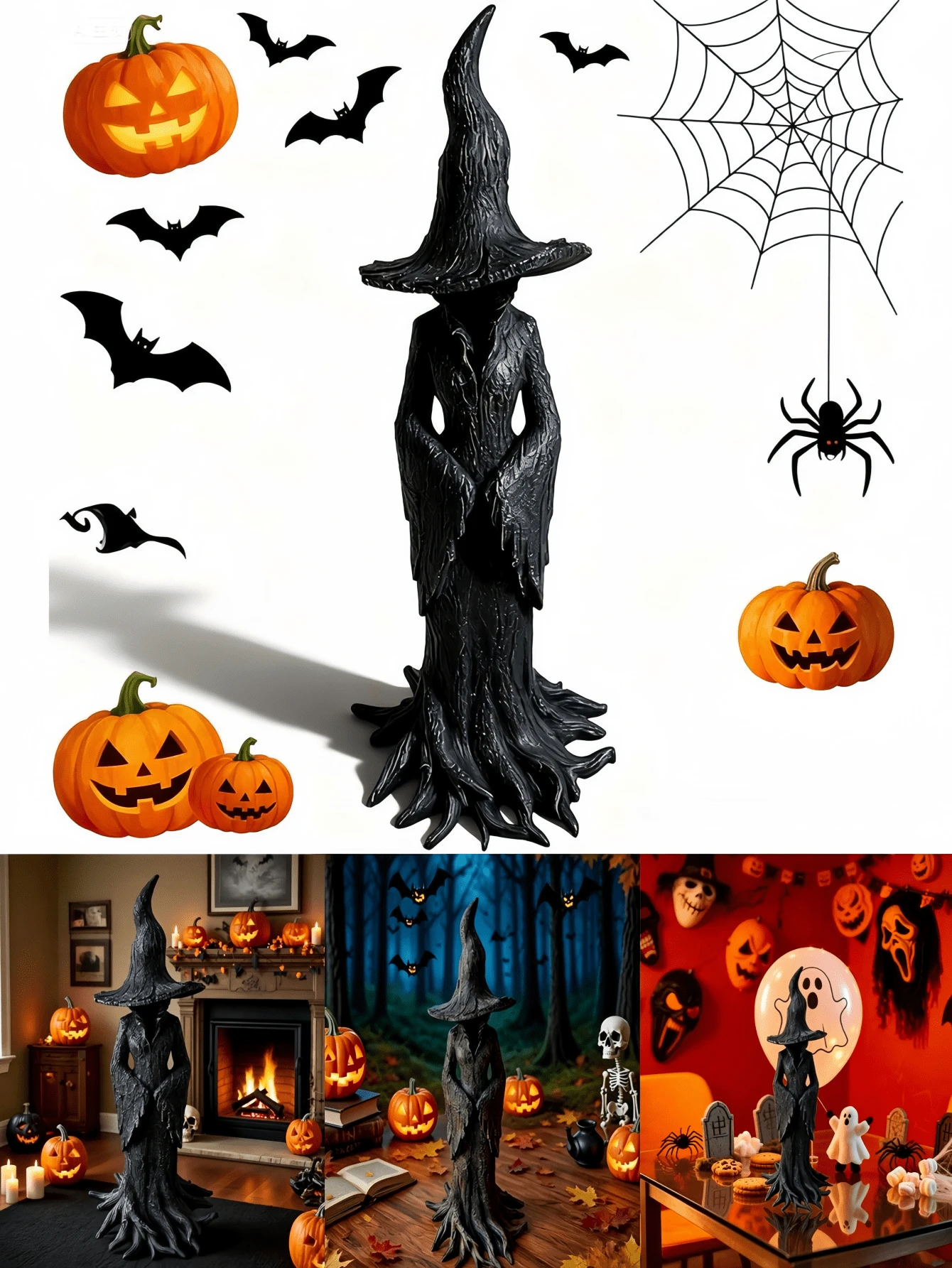 Halloween Tree Root Black Resin Witch Statue, Eerie Gothic Style Small Figurine, Indoor Home Party Haunted House Decor Desktop Ornament