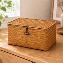 1pc Rectangular Woven Wicker Storage Basket With Lid, Toy Storage Box And Home Organizer For Clothes, Books & Sundries, Decorative Bin For Bedroom, Bathroom, Kitchen And Dorm Room, Autumn Home Decor And Back-To-School University Essentials - Brown - View 7