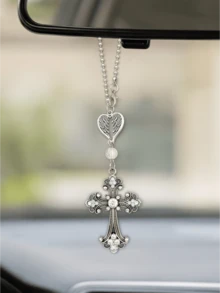 1pc Rhinestone Heart Wings Car Rearview Mirror Hanging Ornament, Jesus Cross Car Interior Accessory, Essential Car Decoration, Pink Car Accessory, Home Bedroom Room Decor, Women's Accessory, Bag Charm, Religious Gift - A - View 4