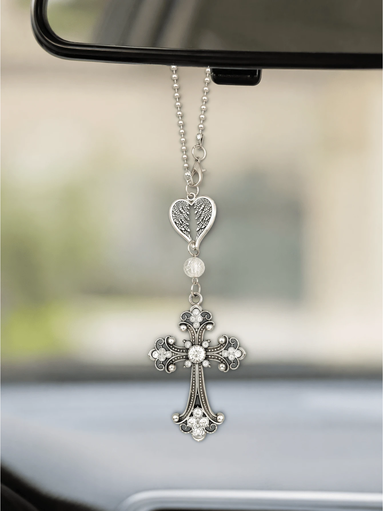 1pc Rhinestone Heart Wings Car Rearview Mirror Hanging Ornament, Jesus Cross Car Interior Accessory, Essential Car Decoration, Pink Car Accessory, Home Bedroom Room Decor, Women's Accessory, Bag Charm, Religious Gift - A - View 1