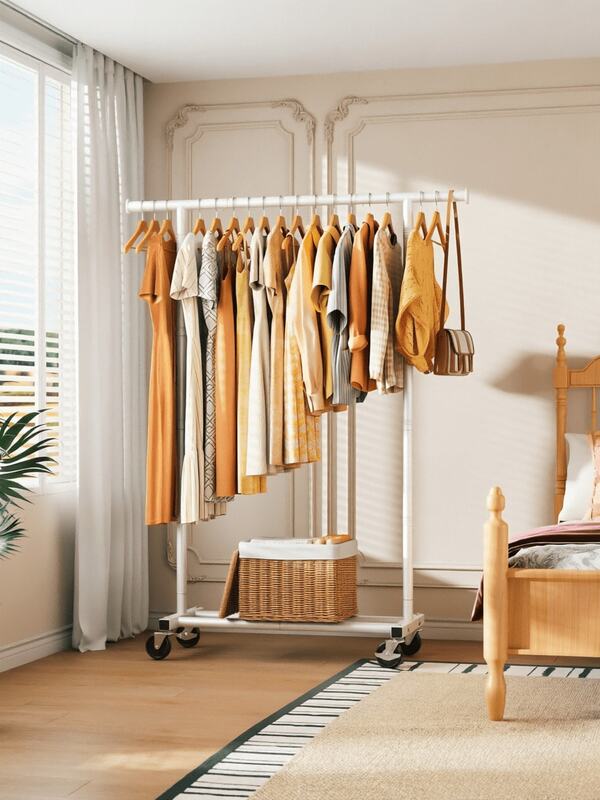 Standard Floor Clothes Rack, Constructed With Thickened 25mm Steel Pipes For Stable Load-Bearing Capacity, Equipped With Universal Casters For Easy Movement And An Extended Crossbar, Suitable For Bedrooms, Laundries And Living Rooms