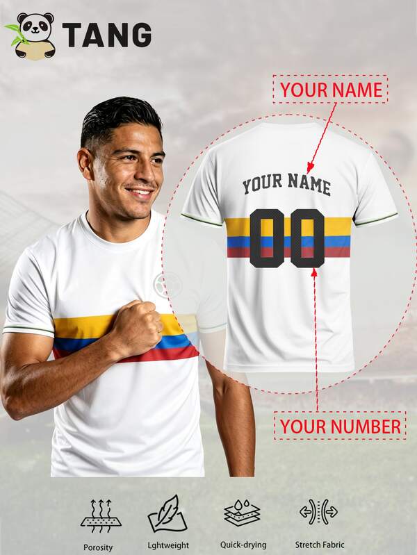 Colombia Style Men's Football Jersey & Customizable Name & Number & Lightweight & Soft & Match, Training, Casual Wear & Gift & World Cup Sports White