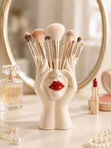 Large Capacity Makeup Brush Storage Box, Elegant Cosmetic Organizer, Unique Facial Design, Desktop Vanity Storage Box, Suitable For Makeup Brushes, Lipsticks And Beauty Tools - Multicolor - View 2