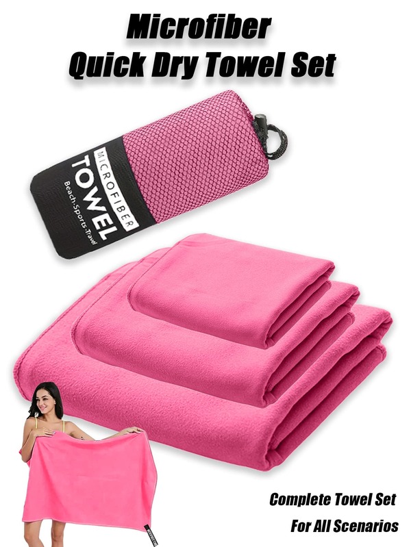 Set de 3 toallas para camping al aire libre, toallas de microfibra de secado rápido, color rosa rojo de alta absorción, livianas, transpirables y suaves, con bordes delicadamente cosidos, bolsa de malla plegable para un almacenamiento fácil, un set de varios tamaños que cubre diversas necesidades para camping al aire libre, playa, natación, viajes, fitness, correr