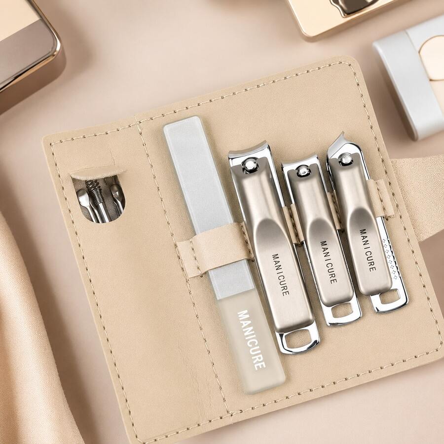 10pcs Premium Nail Clipper Set, Includes Nail Clippers, Nail Files And Multiple Ear Picks, With Portable Storage Bag, Fashion Design Travel Portable Home Beauty Care Set - Champagne - View 1