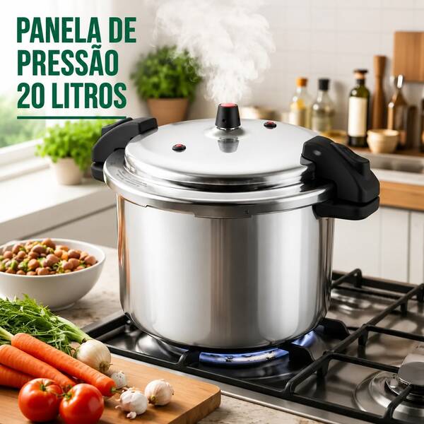 Panela de Pressão 20L Alumínio Nacional Cinza Polido Industrial Alta Capacidade Tampa com Trava Cozinha Profissional Restaurante Reforçada Resistente Grande