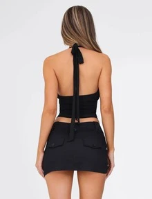 Sleeveless Halter Neck Crop Top For Women, Black Knitted Fabric With Tie Back Design, And Comfortable - Black - View 2