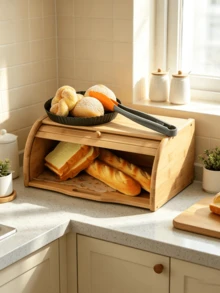1pc Roll Top Bamboo Bread Box, Large Capacity Dustproof Bread Storage Container, Countertop Bread Keeper With Rolling Lid, Food Storage Bin For Loaves Muffins Pastries Kitchen Counter Organizer - Multiple Specifications - View 2