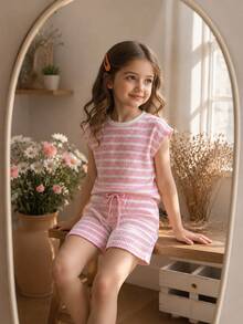 Chatreadl 2pcs/Set Girls Sweet Pink & White Striped Knit Outfit, Summer Round Neck Short Sleeve Top + Drawstring Shorts, Soft & Skin-Friendly Children Casual Wear - Pink - View 2
