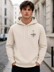 Sweatshirt Pria Warna Krem Motif Kompas Gunung Matahari Bulan, Sweatshirt Lengan Panjang dengan Saku Tali Serut untuk Aktivitas Luar Ruangan dan Mendaki Gunung, Kasual - Aprikot - View 2