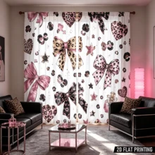 2 Stücke modische Schleife Leopardenmuster Herz bedruckte Vorhänge, Filterstoff niedliches modisches Design Privatsphäre Schutz Vorhänge geeignet für Teenagerzimmer, Schlafzimmer, Balkone, Heimdekoration - Verschiedenfarbig - Übersicht 5
